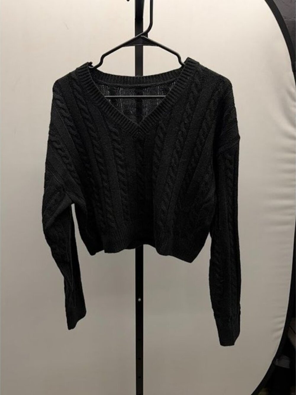 Shein Black Cable Knit V-Neck Cropped Sweater